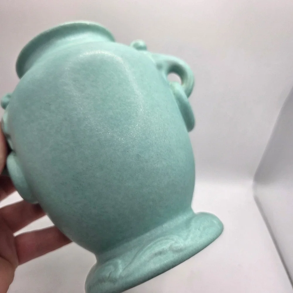 Vintage RumRill 340 Turquoise Art Pottery Vase Elephant Handles Art Deco USA